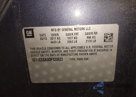 2013 Chevrolet Malibu 1Lt from USA, damaged, VIN 1G11C5SA9DF320623